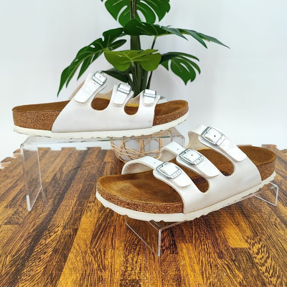 Birkenstock Woman’s Florida Narrow White Patent Leather Sandals Size 7 US